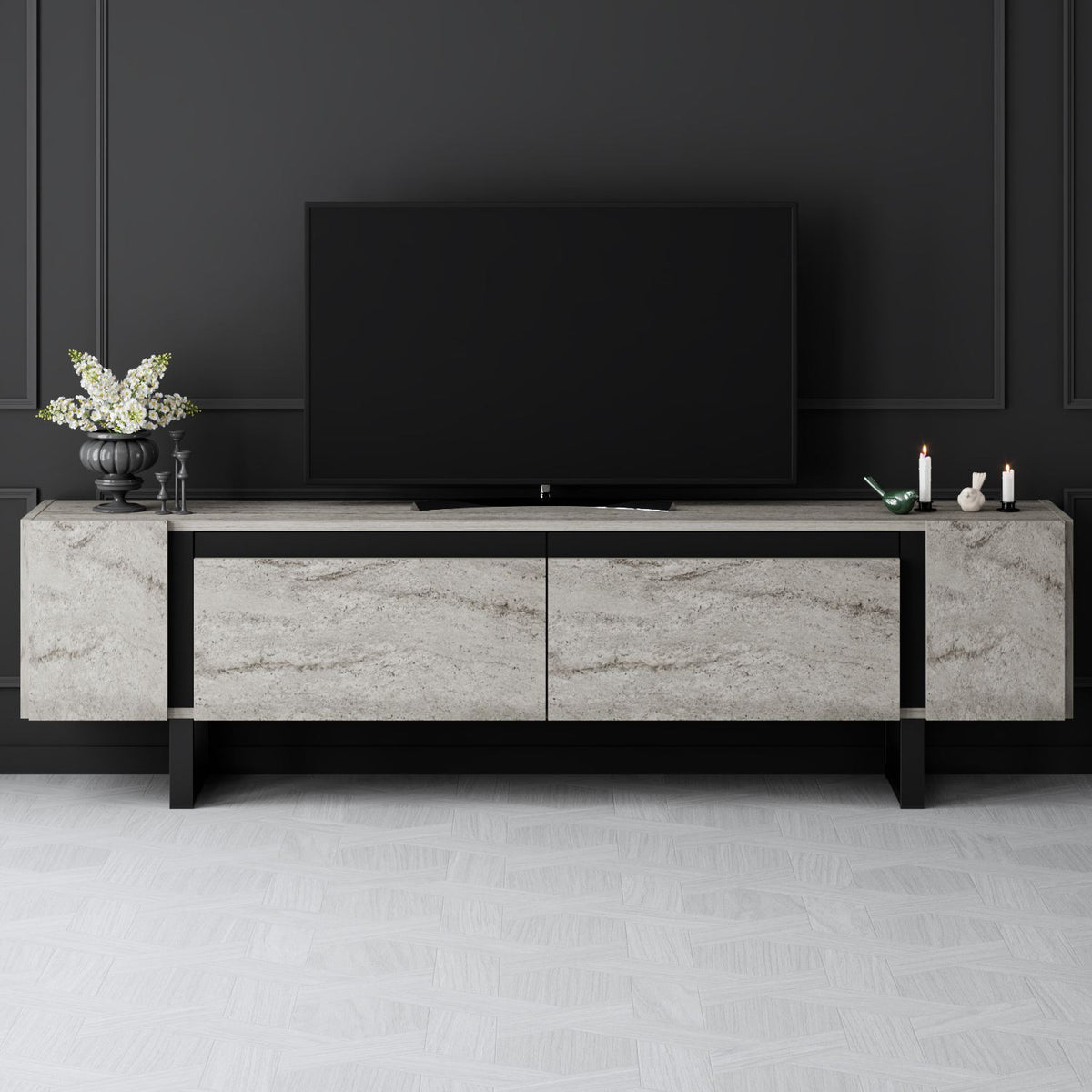 TV Furniture - TV Furniture Travertine Yildiz 180x50x30 - Black Frame - Dimehouse