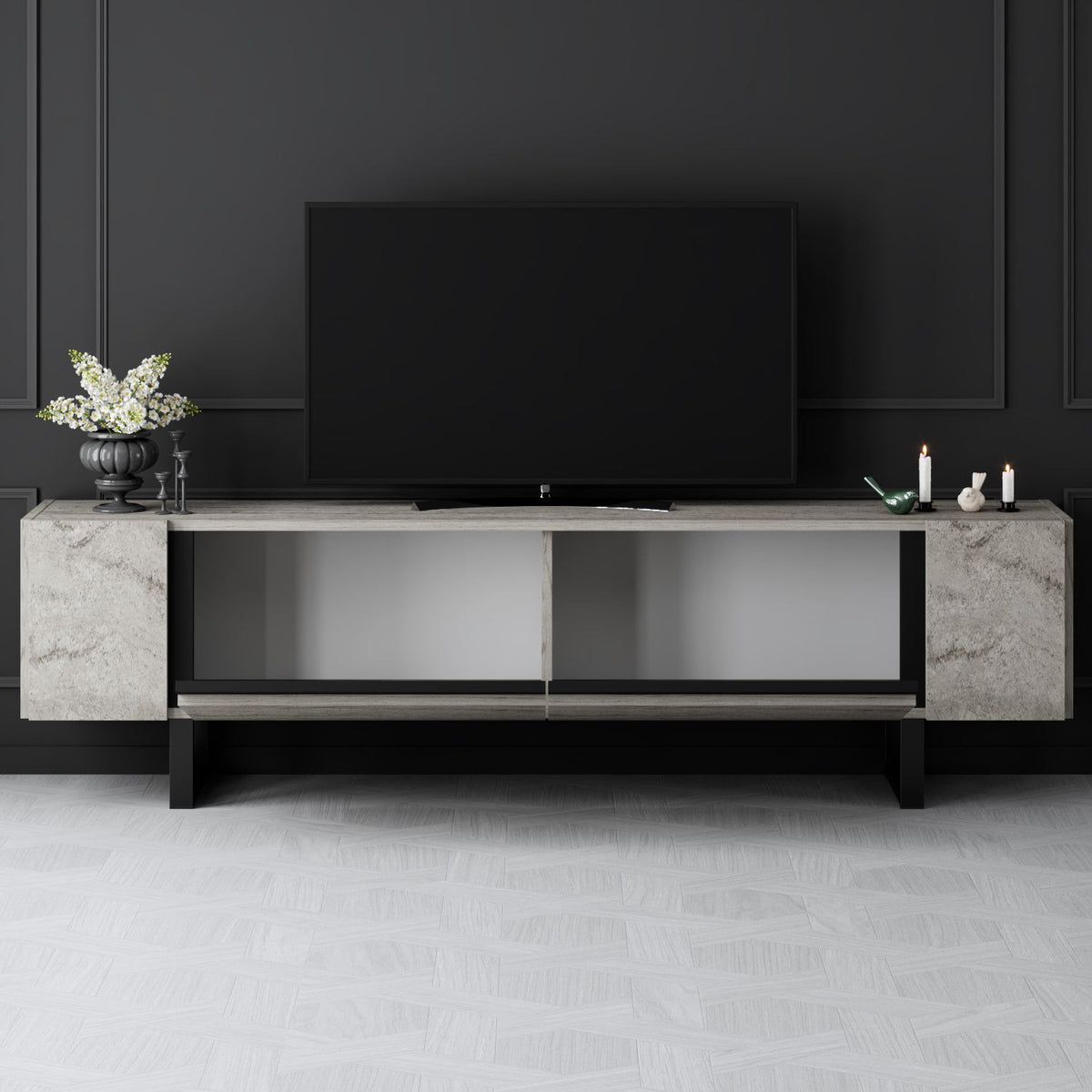 TV Furniture - TV Furniture Travertine Yildiz 180x50x30 - Black Frame - Dimehouse