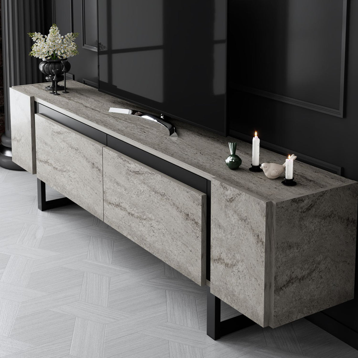 TV Furniture - TV Furniture Travertine Yildiz 180x50x30 - Black Frame - Dimehouse