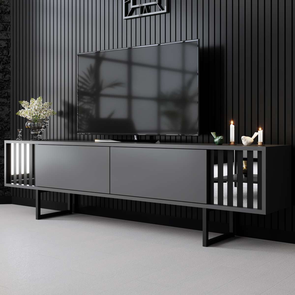 TV Furniture - TV Furniture Anthracite Chrome Line 180x48x30 - Black Frame - Dimehouse