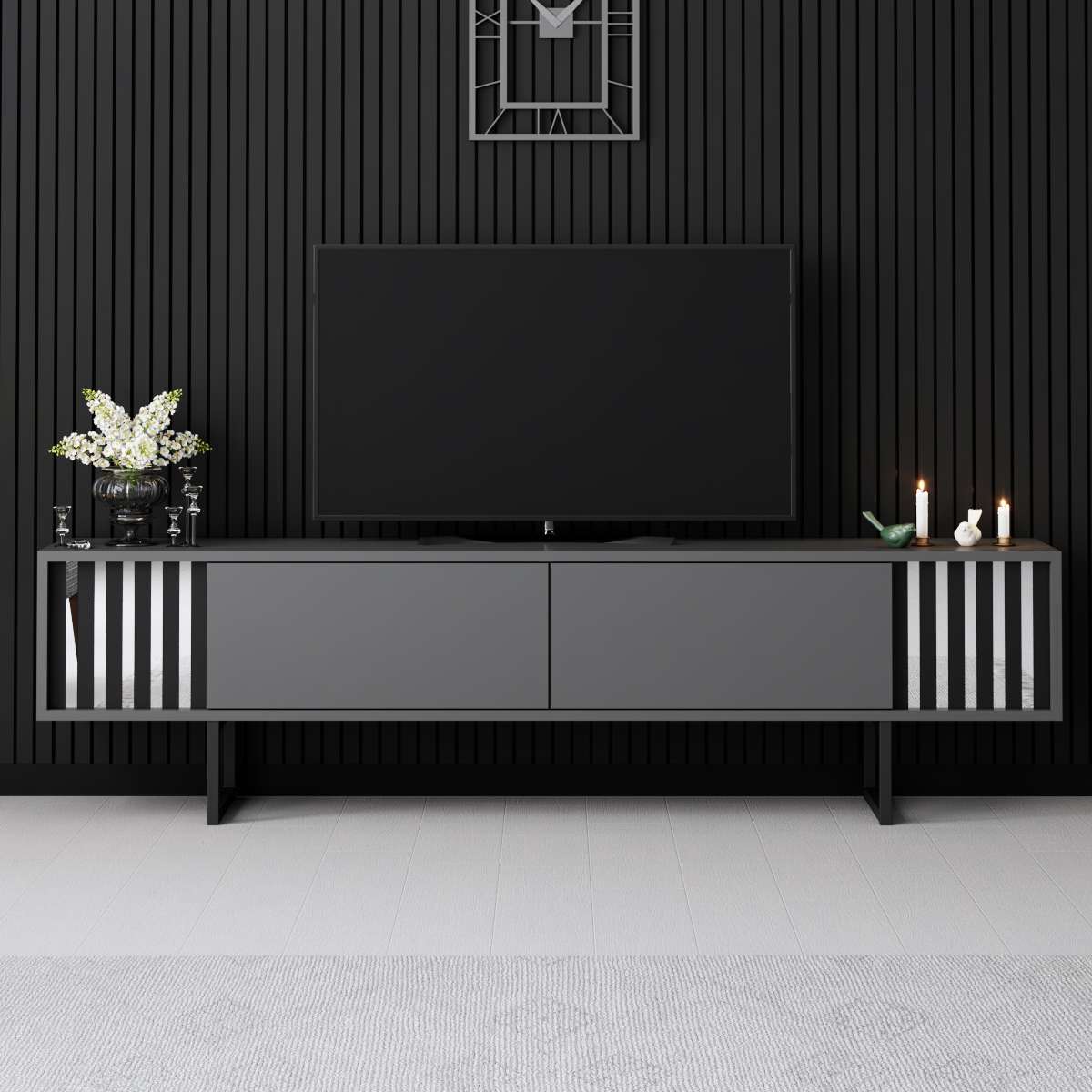 TV Furniture - TV Furniture Anthracite Chrome Line 180x48x30 - Black Frame - Dimehouse