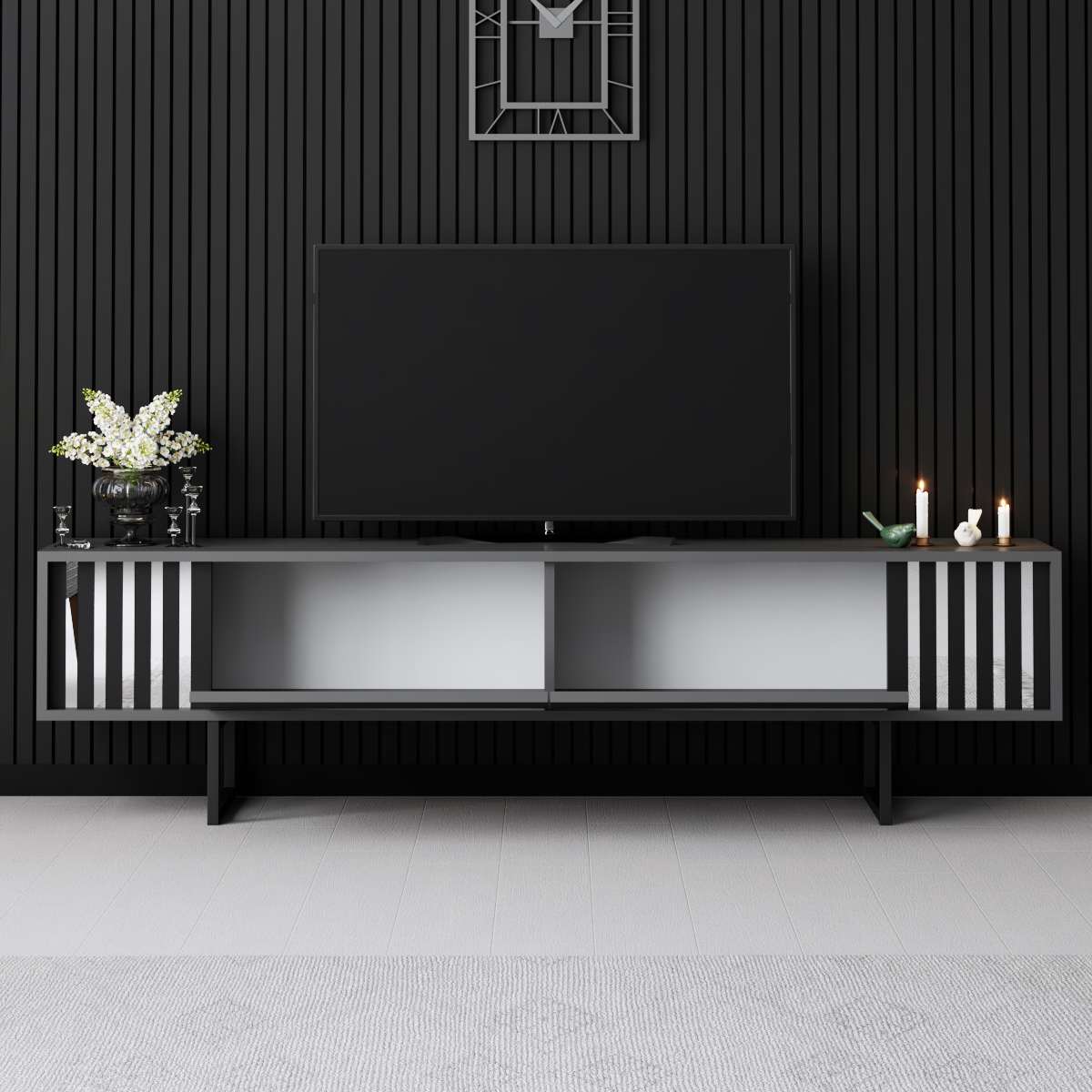 TV Furniture - TV Furniture Anthracite Chrome Line 180x48x30 - Black Frame - Dimehouse