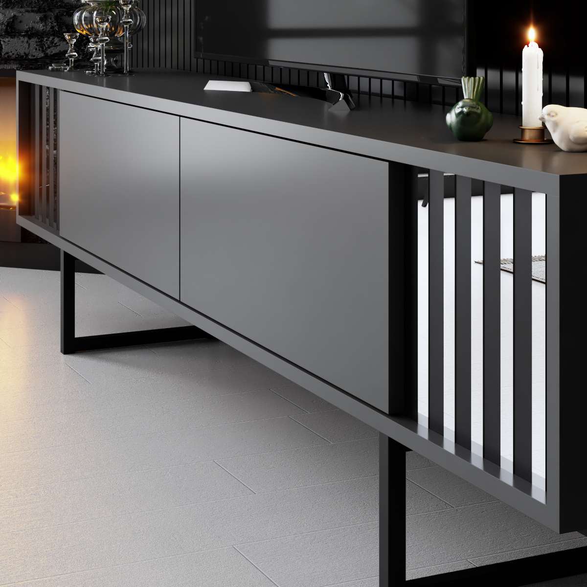 TV Furniture - TV Furniture Anthracite Chrome Line 180x48x30 - Black Frame - Dimehouse