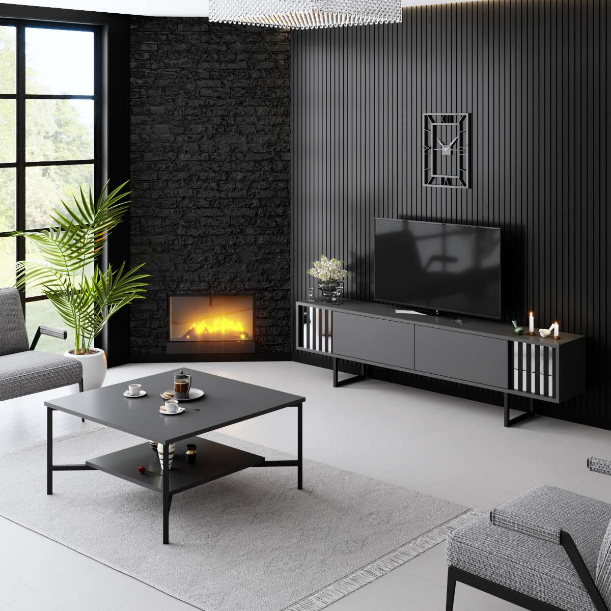TV Furniture - TV Furniture Anthracite Chrome Line 180x48x30 - Black Frame - Dimehouse