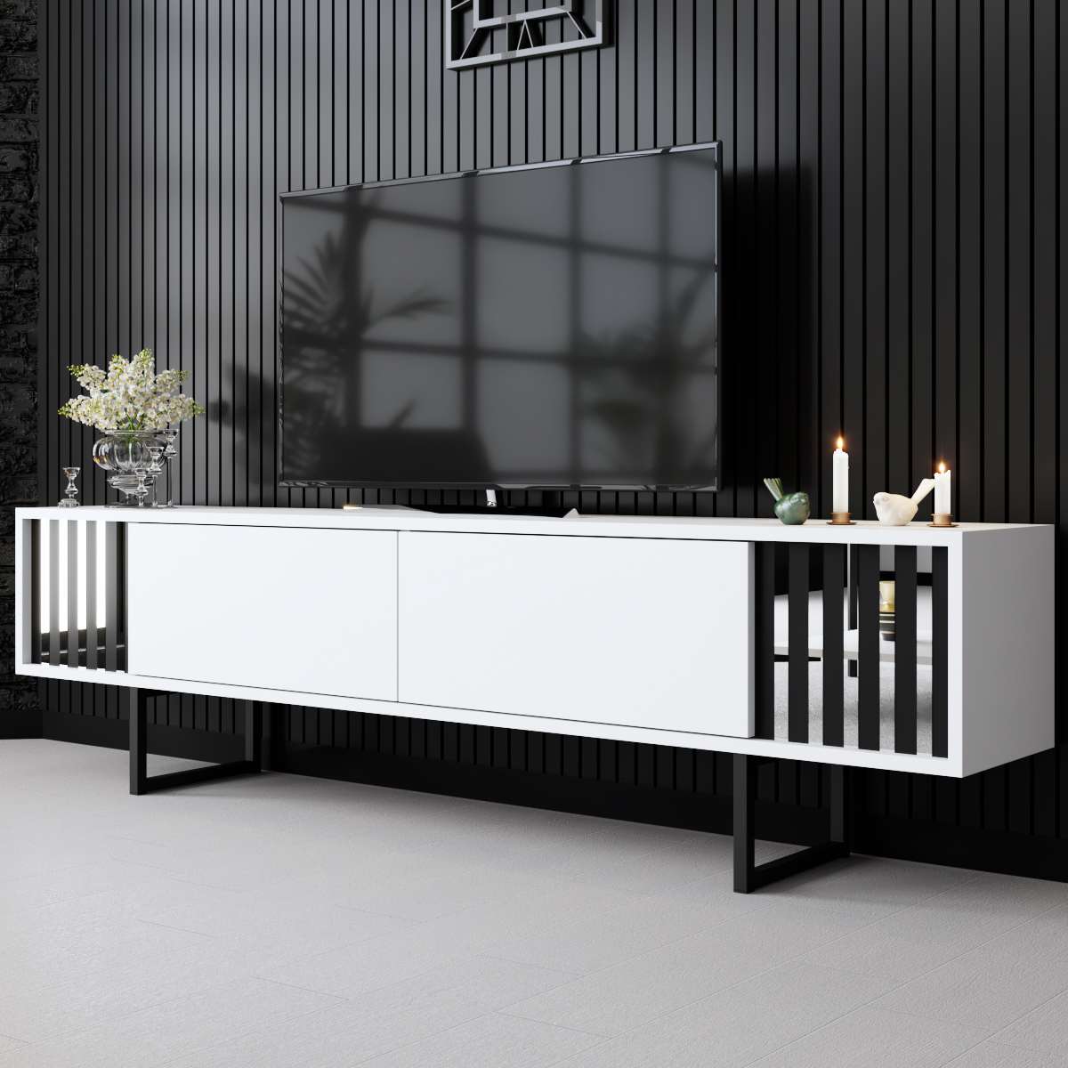 TV Furniture - TV Furniture White Chrome Line 180x48x30 - Black Frame - Dimehouse