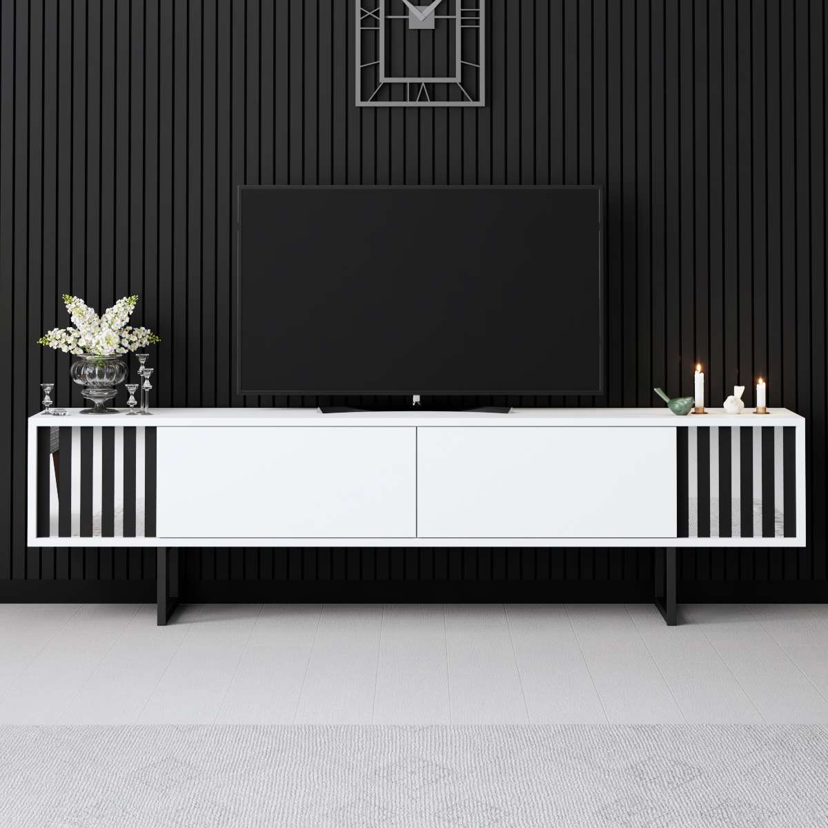 TV Furniture - TV Furniture White Chrome Line 180x48x30 - Black Frame - Dimehouse