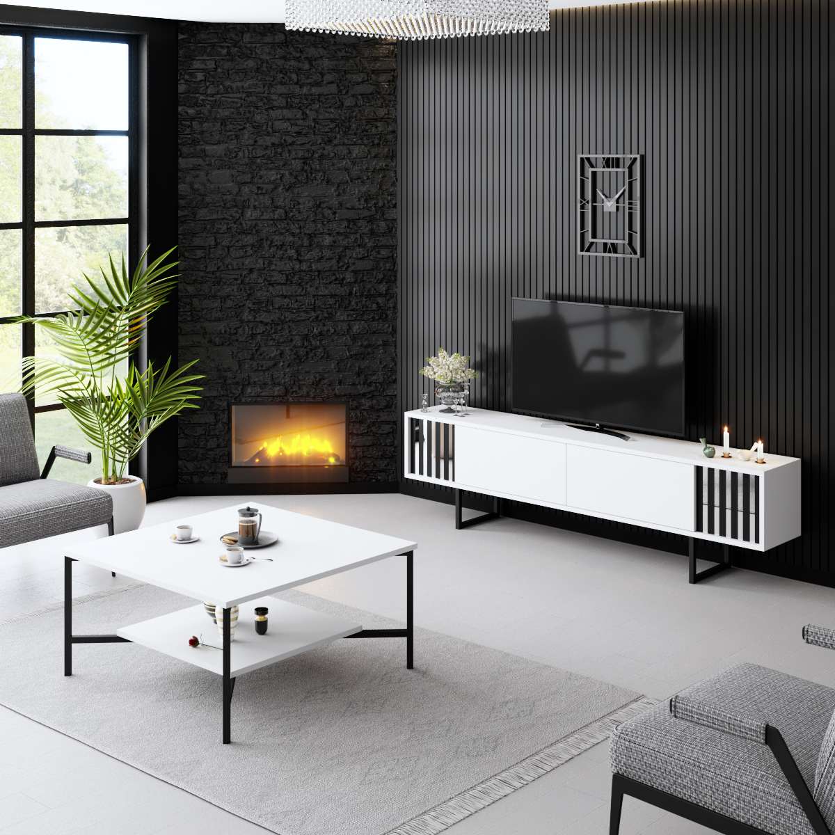 TV Furniture - TV Furniture White Chrome Line 180x48x30 - Black Frame - Dimehouse
