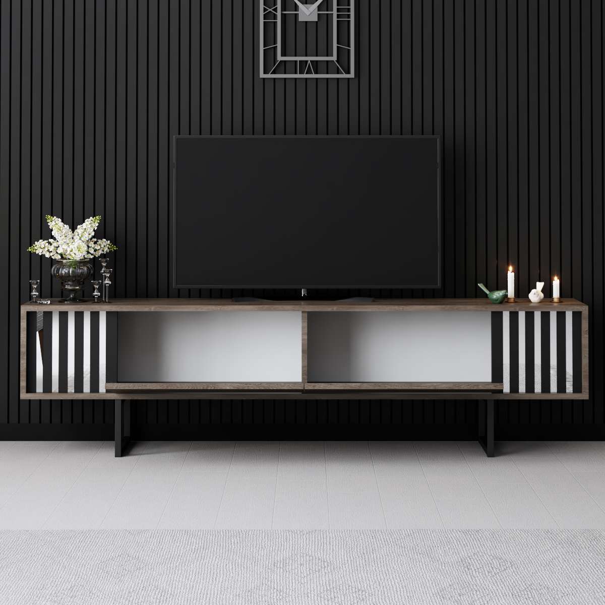 TV Furniture - TV Furniture Walnut Chrome Line 180x48x30 - Black Frame - Dimehouse