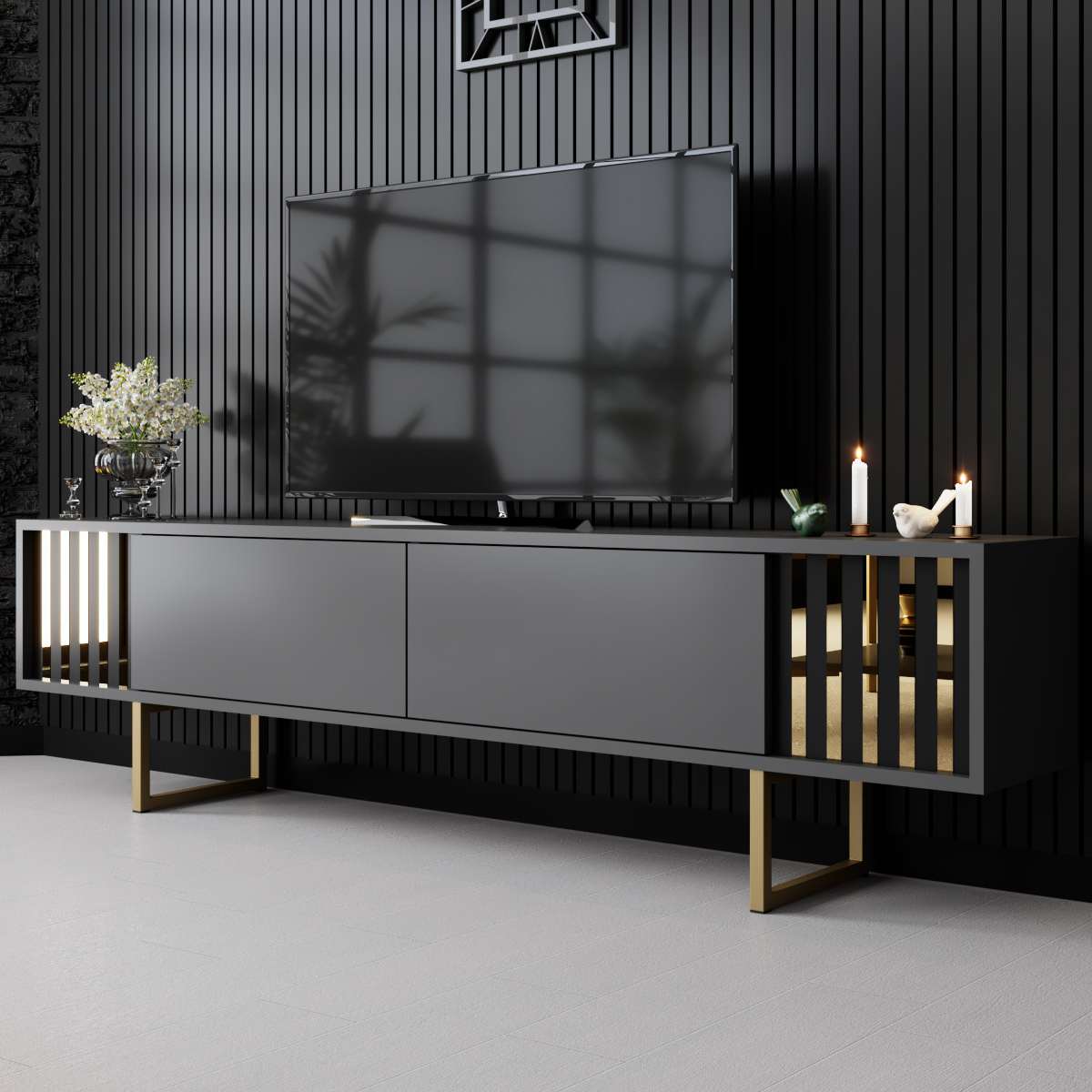 TV Furniture - TV Furniture Anthracite Gold Line 180x48x30 - Golden Frame - Dimehouse