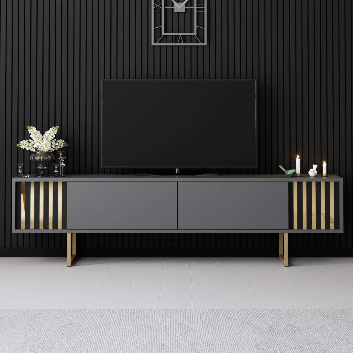 TV Furniture - TV Furniture Anthracite Gold Line 180x48x30 - Golden Frame - Dimehouse