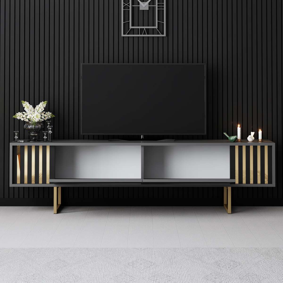 TV Furniture - TV Furniture Anthracite Gold Line 180x48x30 - Golden Frame - Dimehouse