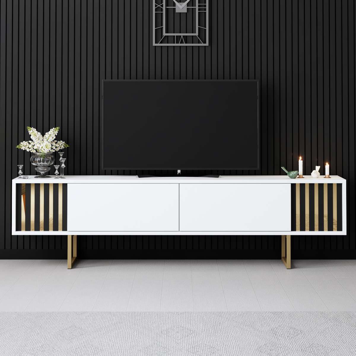 TV Furniture - TV Furniture White Gold Line 180x48x30 - Golden Frame - Dimehouse