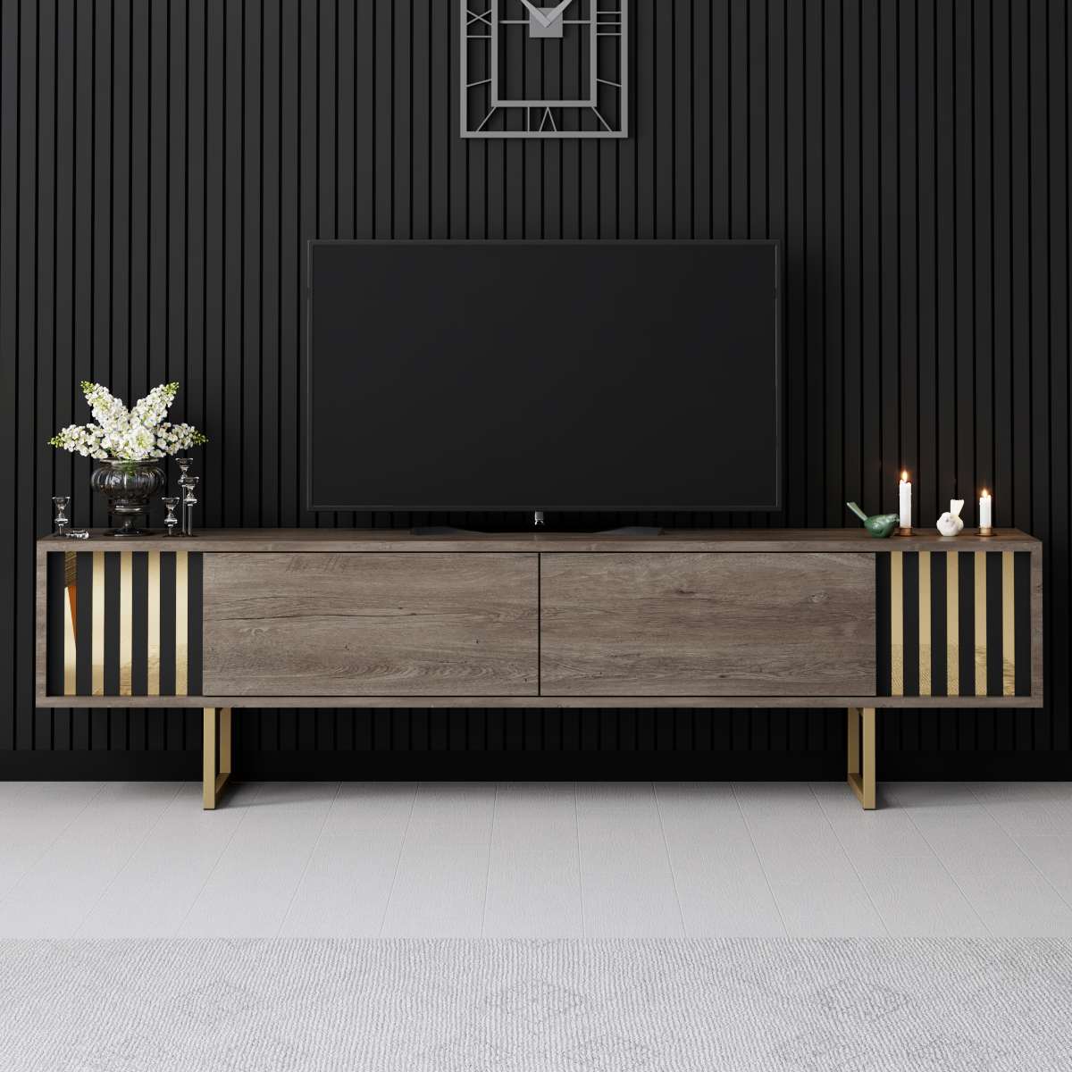 TV Furniture - TV Furniture Walnut Gold Line 180x48x30 - Golden Frame - Dimehouse
