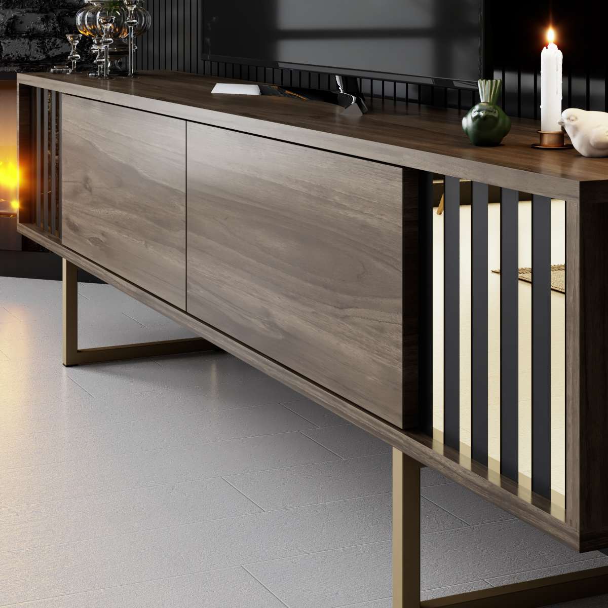TV Furniture - TV Furniture Walnut Gold Line 180x48x30 - Golden Frame - Dimehouse