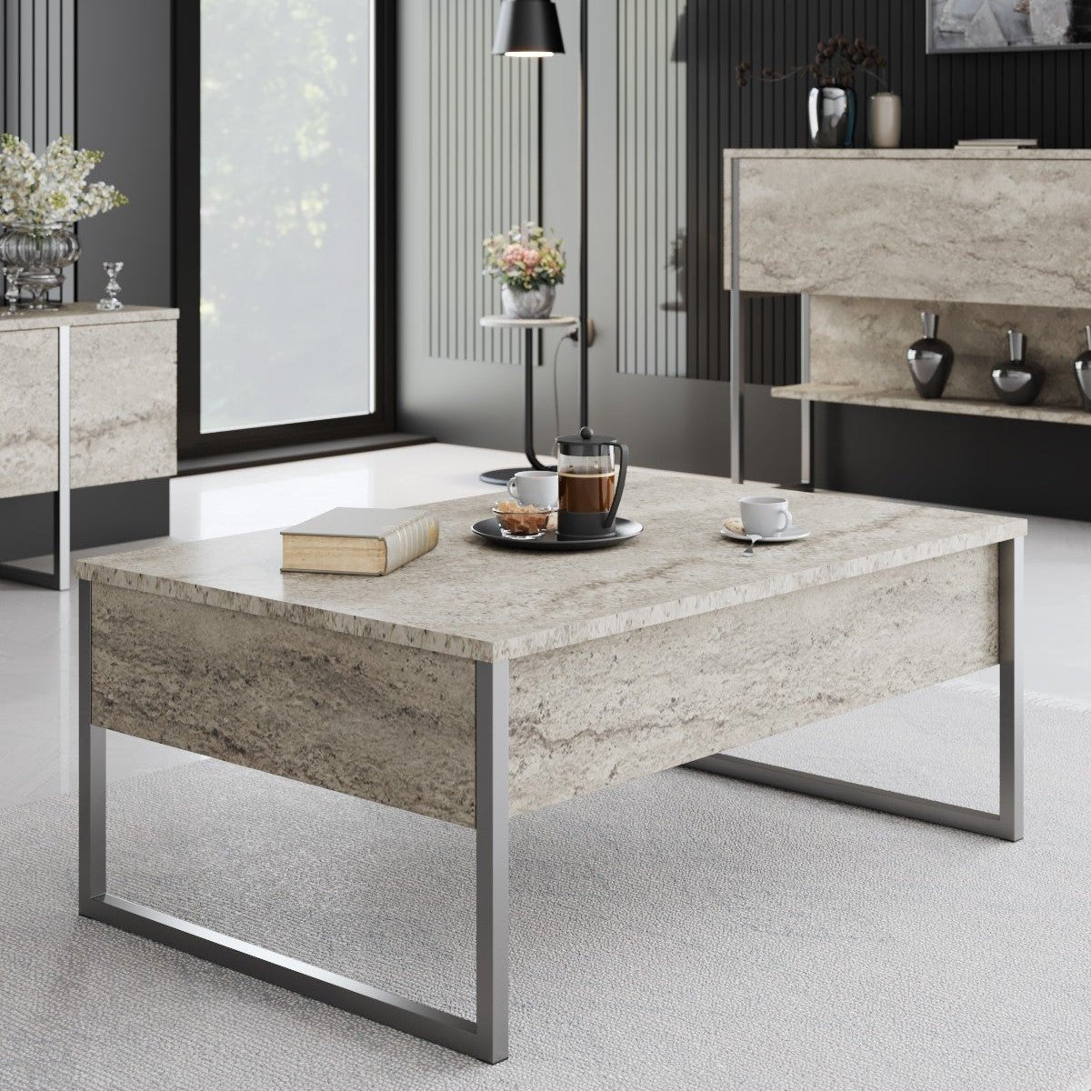 Coffee tables - Rectangular Coffee Table Travertine Luxury 90x60 - Silver Frame - Dimehouse