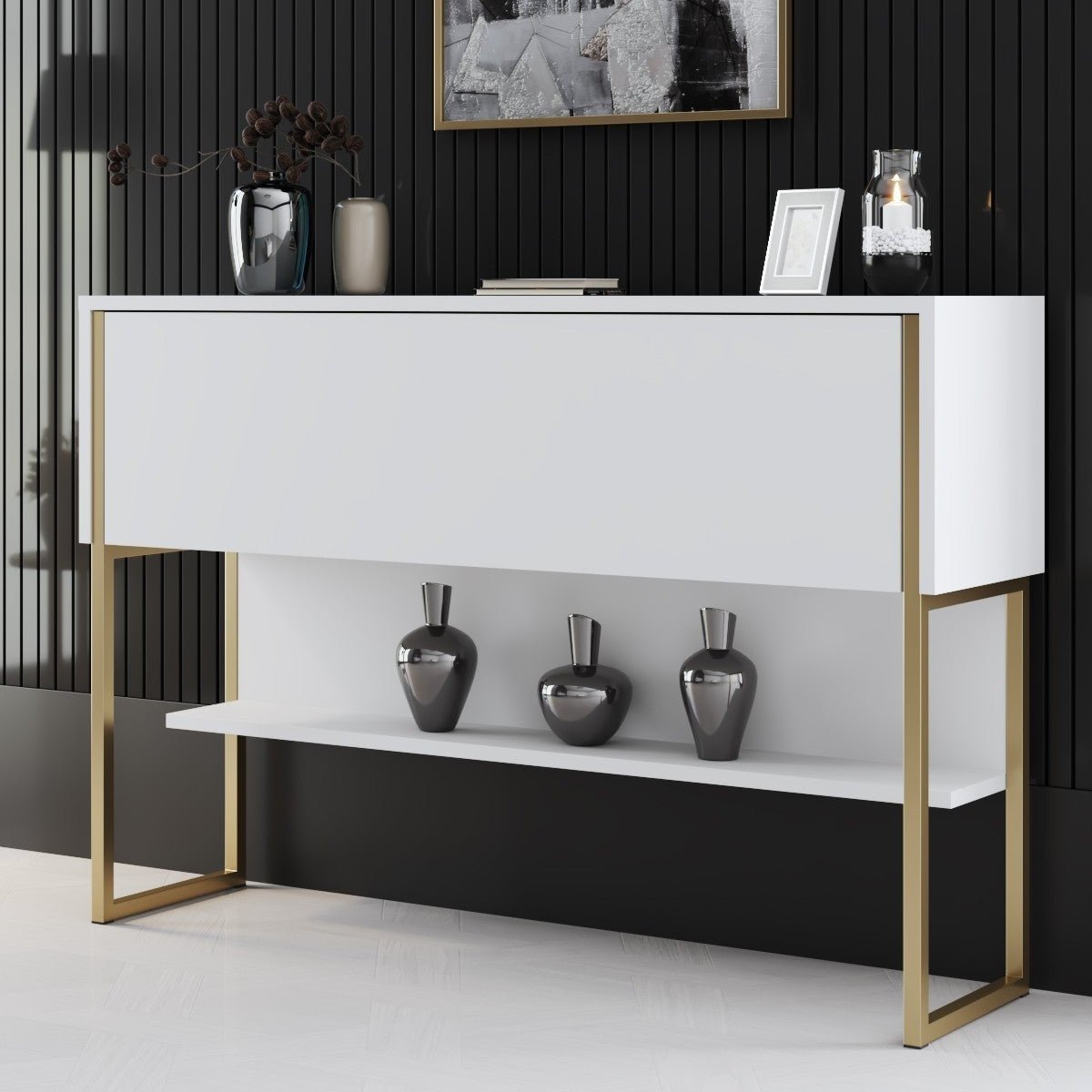 Sideboards - Modern Sideboard White Luxury 120x80x30 - Golden Frame - One Compartment - Dimehouse