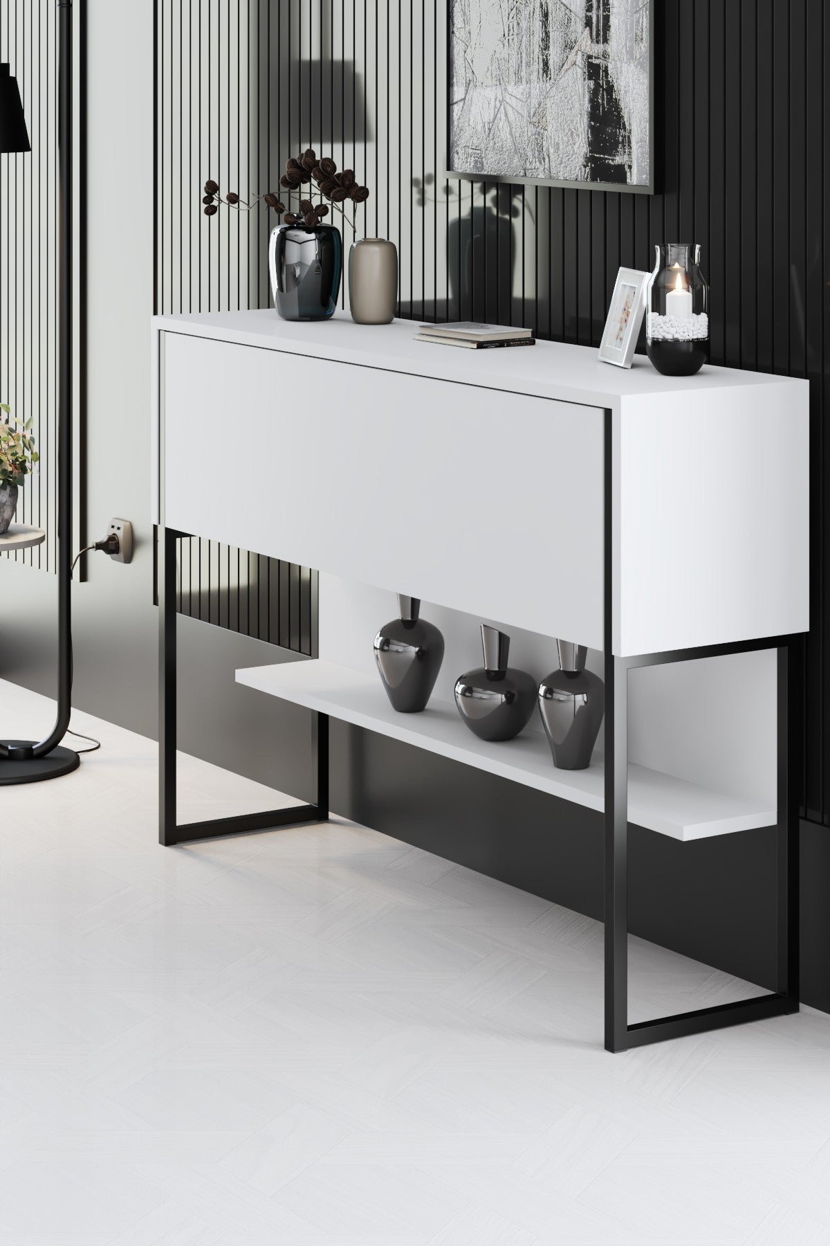 Sideboards - Modern Sideboard White Luxury 120x80x30 - Black Frame - One Compartment - Dimehouse