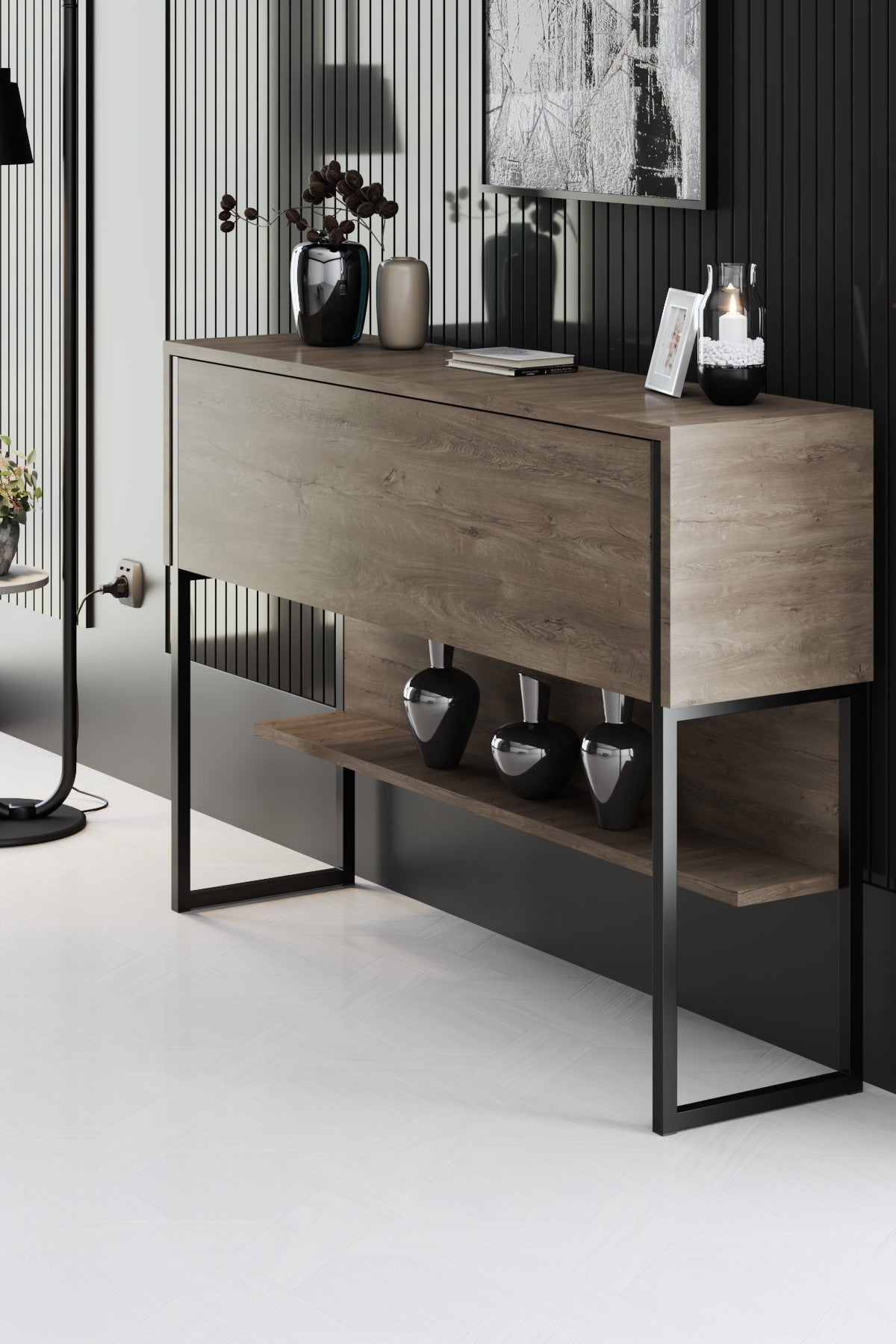Sideboards - Modern Sideboard Walnut Luxury 120x80x30 - Black Frame - One Compartment - Dimehouse