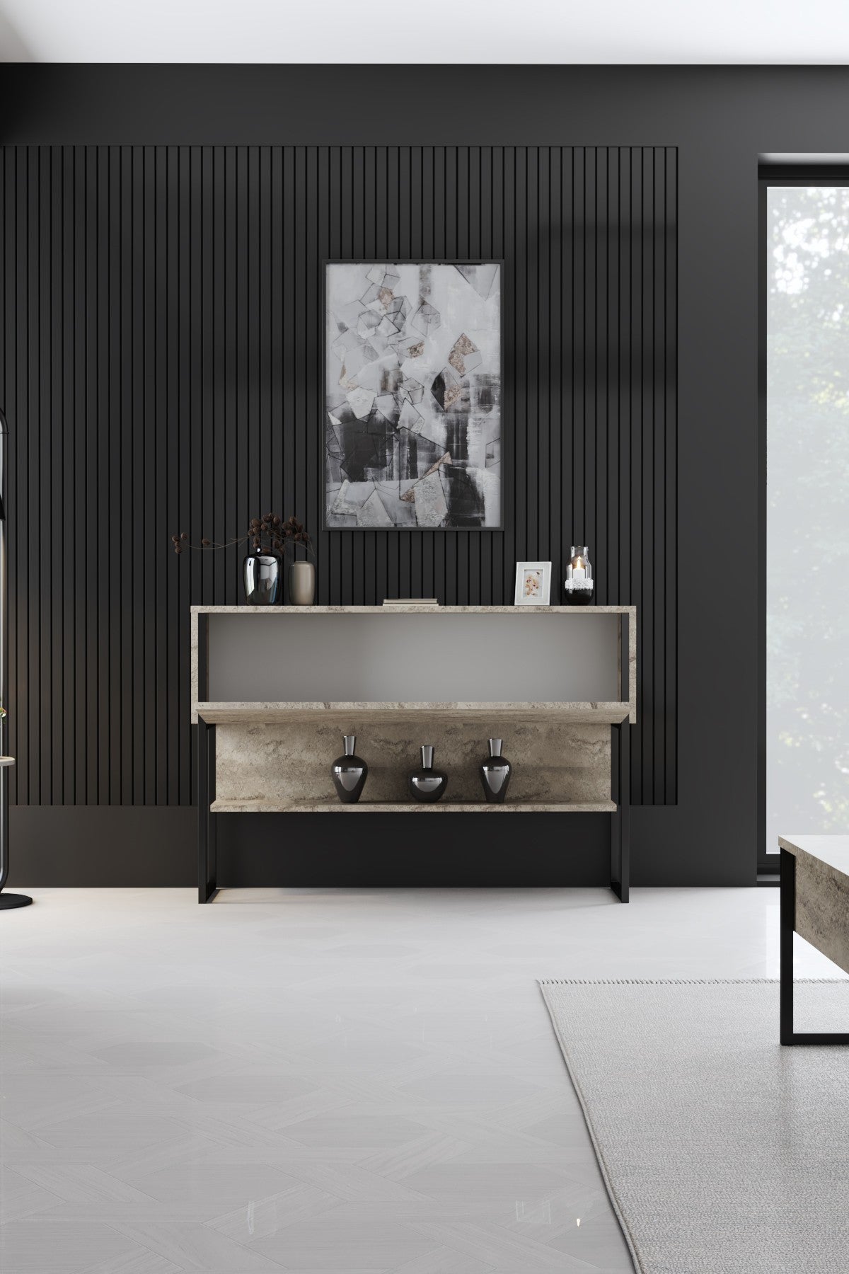 Sideboards - Modern Sideboard Travertine Luxury 120x80x35 - Black Frame - One Compartment - Dimehouse