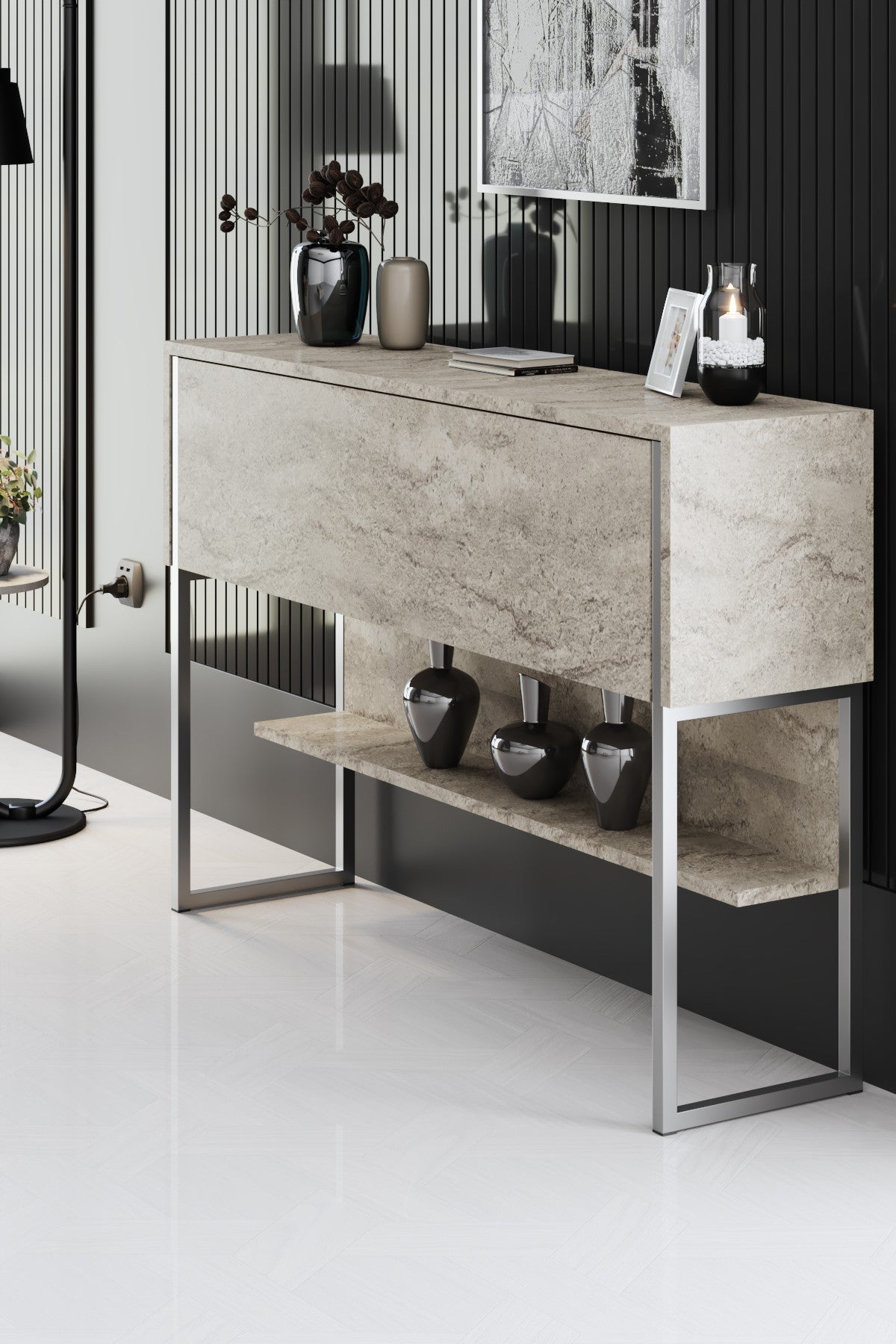 Sideboards - Modern Sideboard Travertine Luxury 120x80x30 - Silver Frame - One Compartment - Dimehouse