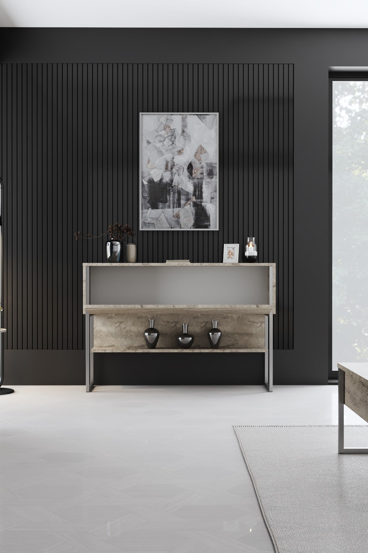 Sideboards - Modern Sideboard Travertine Luxury 120x80x30 - Silver Frame - One Compartment - Dimehouse