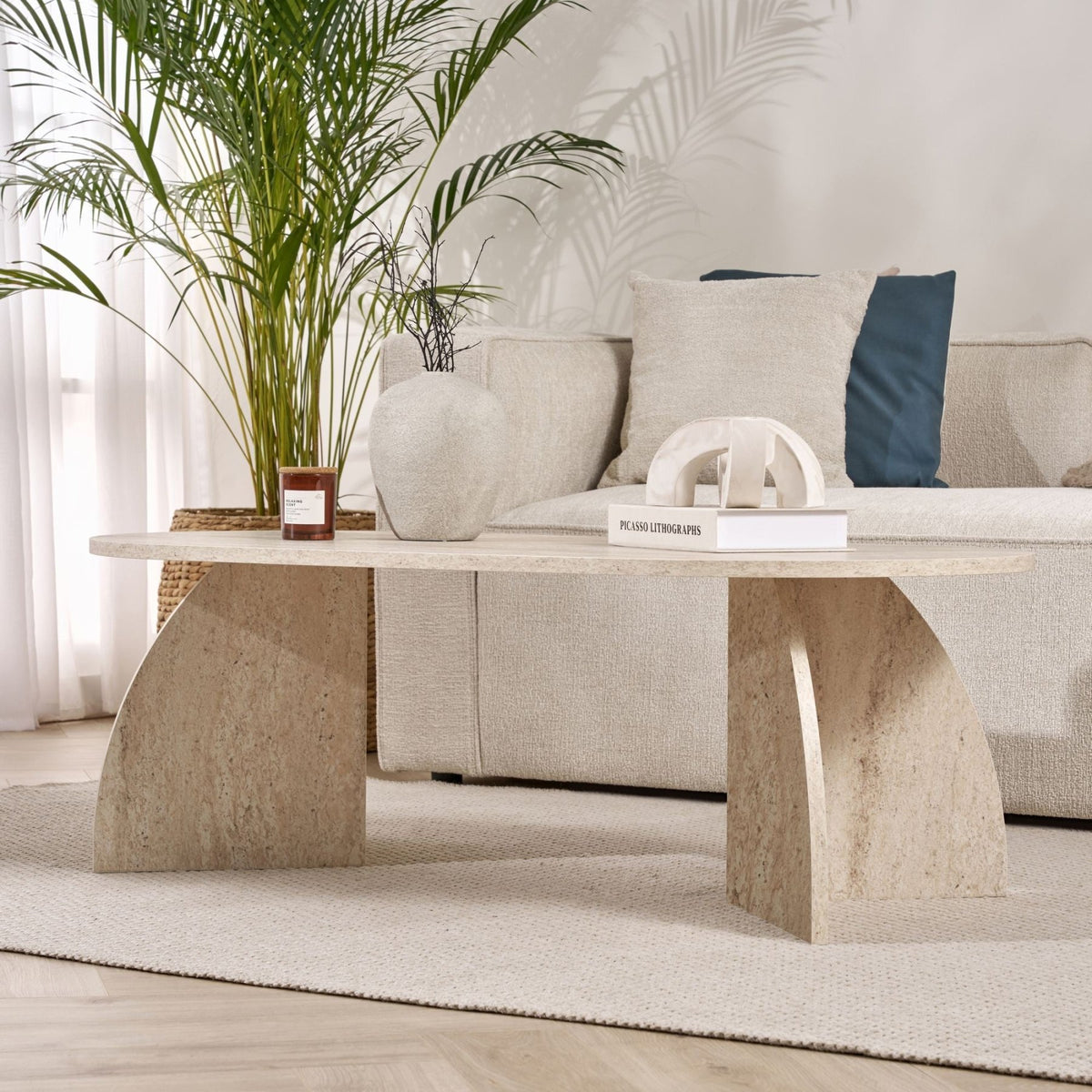 Melina coffee table travertine oval 120 cm Melamine-coated wood composite