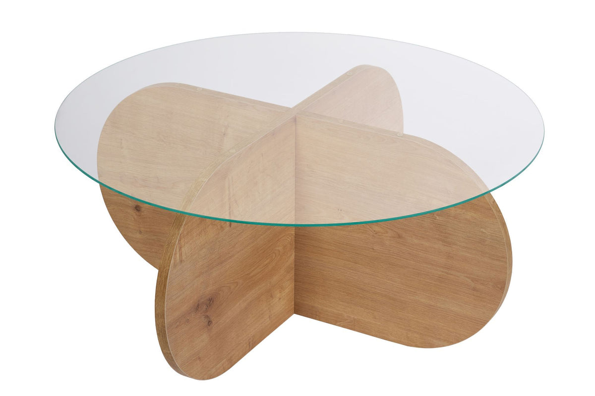 Coffee tables - Round coffee table Aris oak look melamine and transparent glass 75 cm - Dimehouse