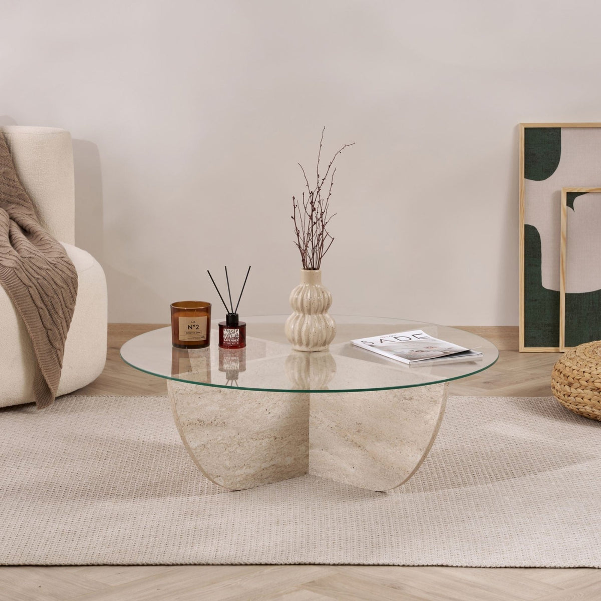Liya coffee table travertine look oval 90 cm Tempered glass