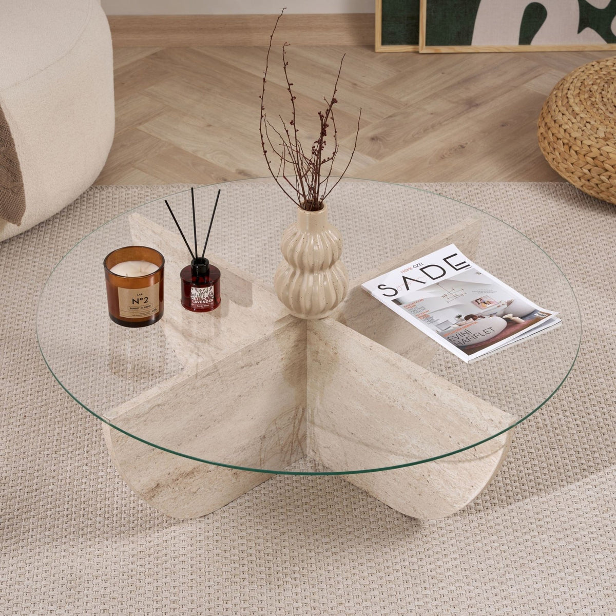 Liya coffee table travertine look oval 90 cm Tempered glass