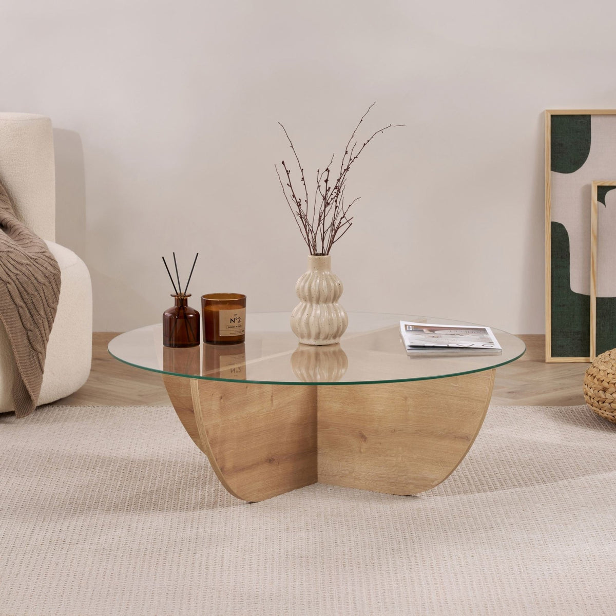 Liya coffee table Sapphire Oak oval 90 cm Tempered glass