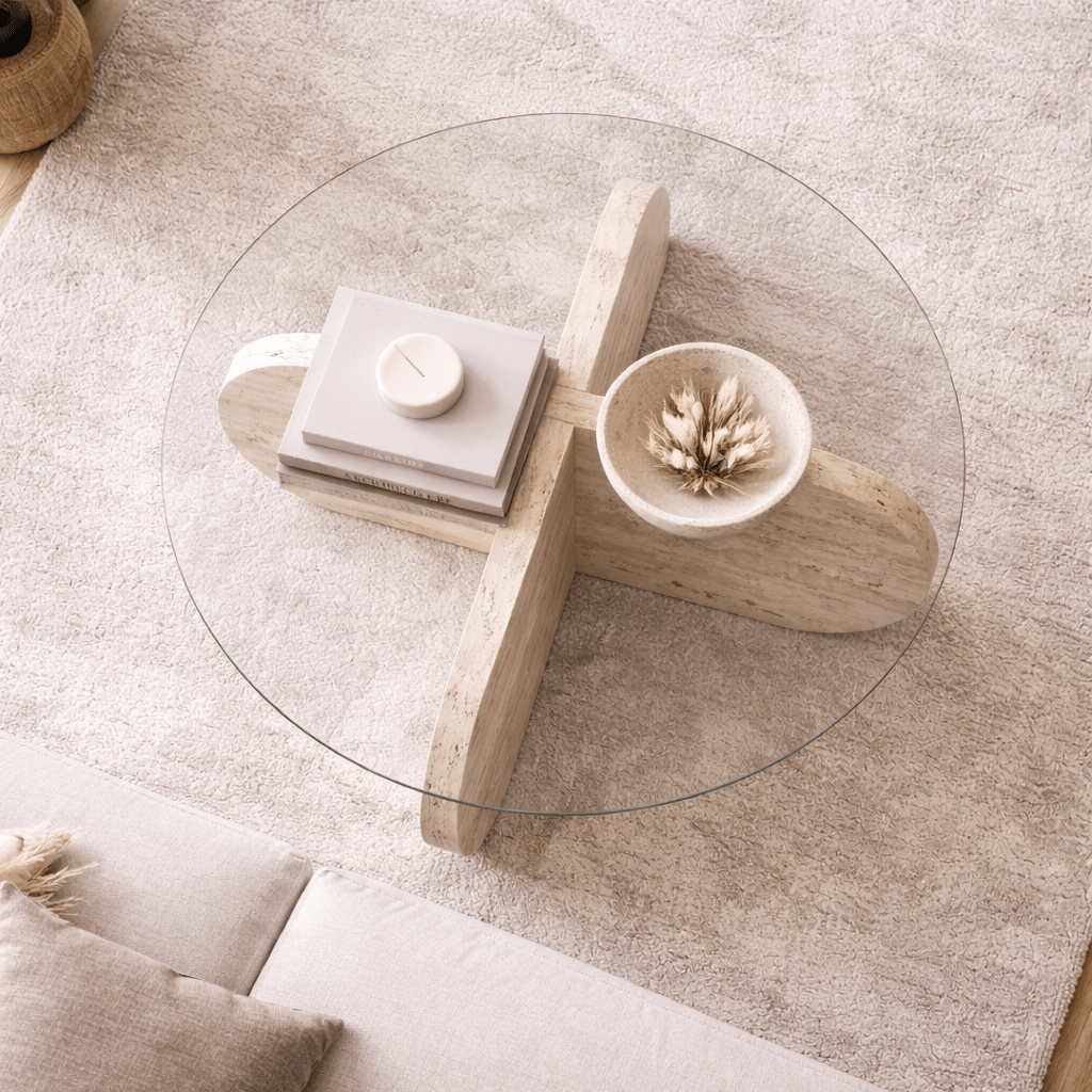 Coffee tables - Round coffee table Aris travertine melamine and transparent glass 75 cm - Dimehouse