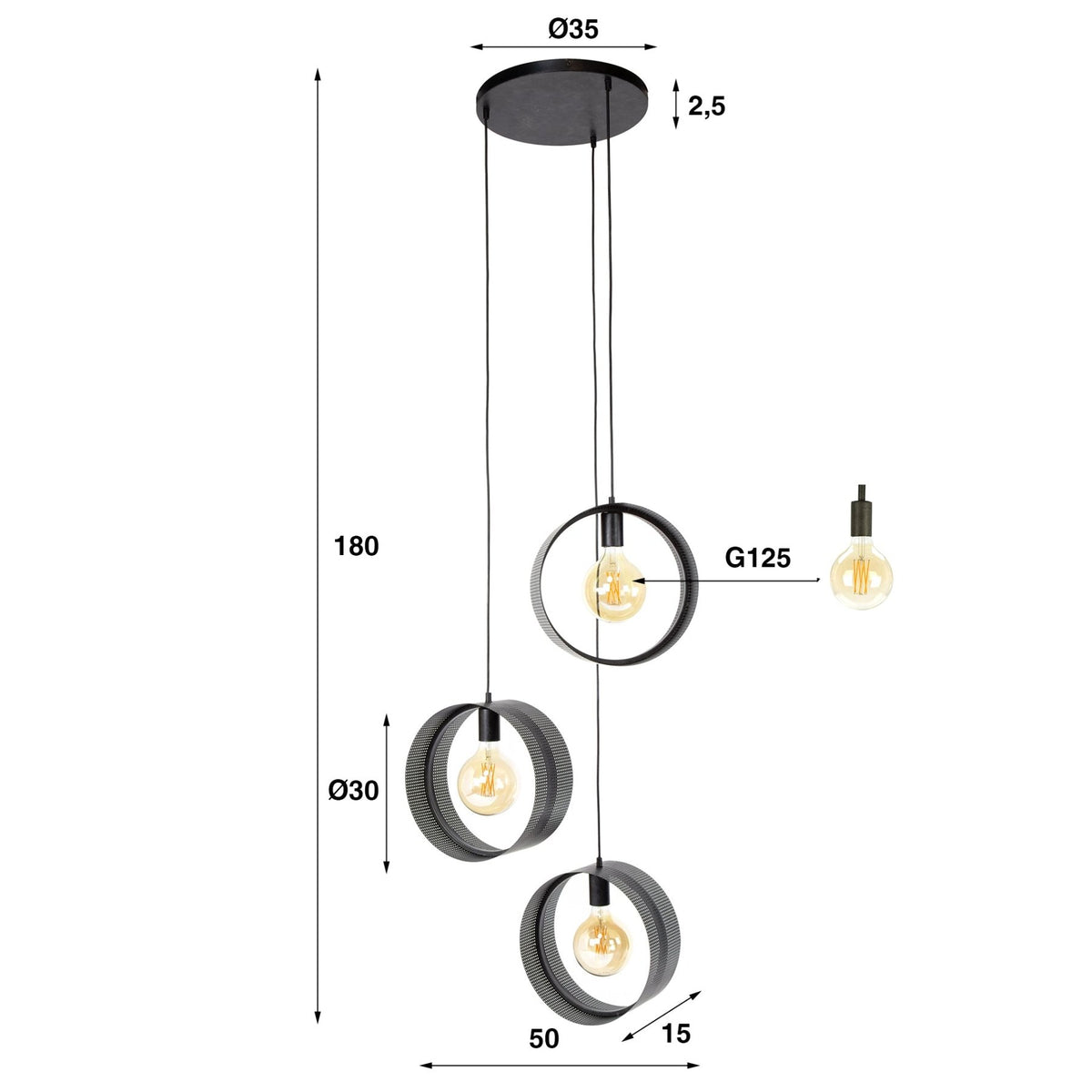 Hanging lamps - Hanging lamp Fons 3 - light stepped rings metal black - Dimehouse