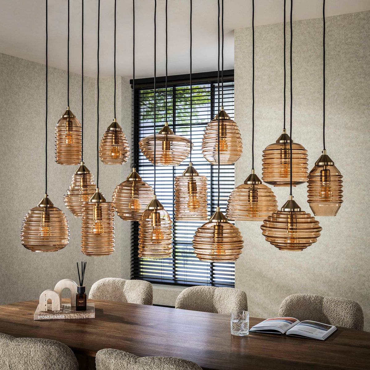 Hanging lamps - Hanging lamp Mali 15 - light ribbed glass amber - Dimehouse