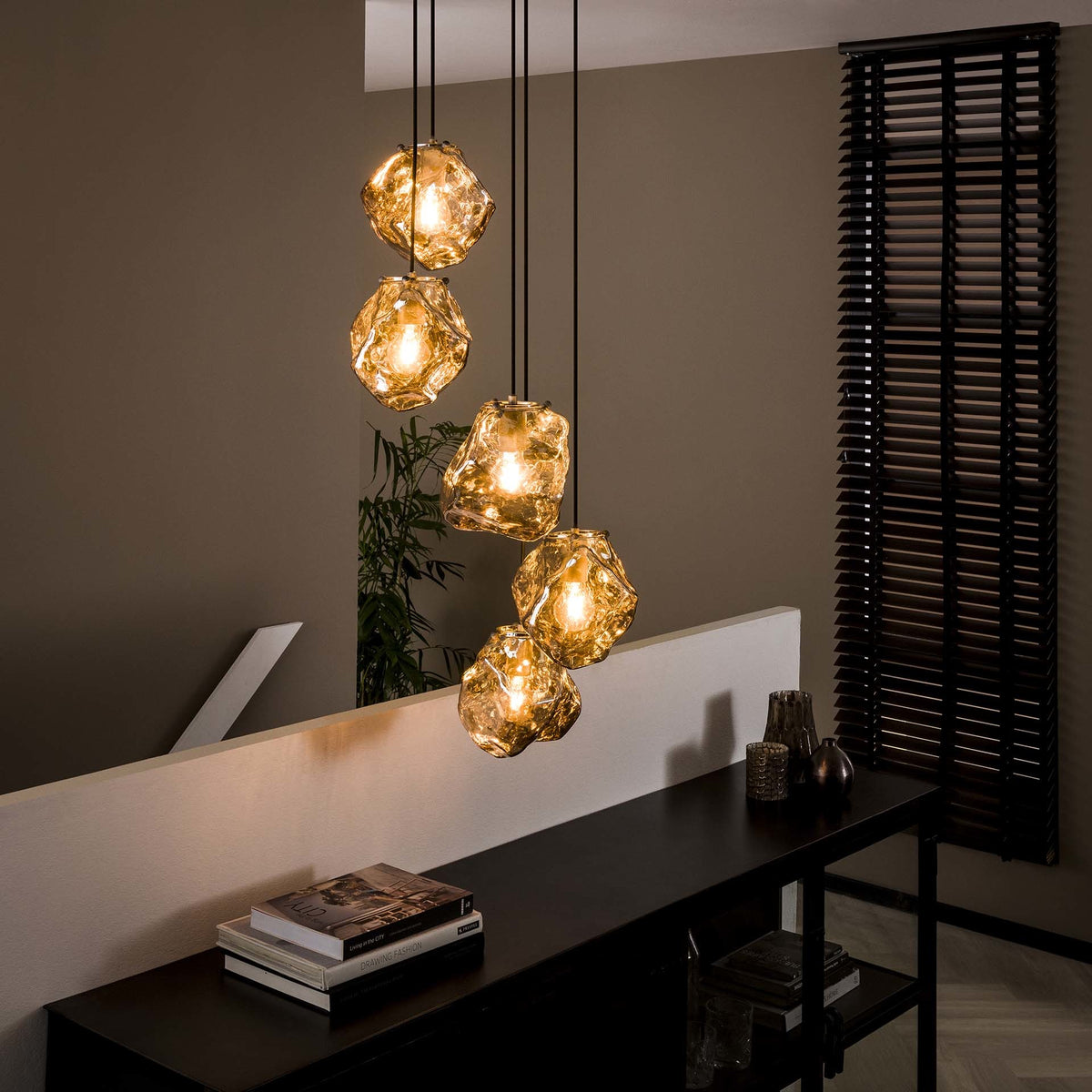 Hanging lamp Rocks DH Interior Chromed LxWxH 79x55x36 Glass Atmospheric photo diagonal front view