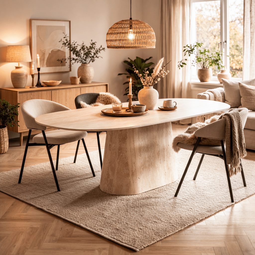 Dining tables - Sintered Stone Marble Look Travertine Dining Table Lea 180x90 cm - Danish Oval - Dimehouse