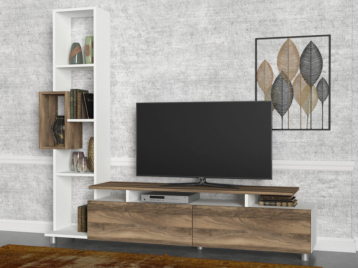 TV Furniture - TV Furniture Set Tulip White Walnut Melamine 160x166.7x29.5 cm - Dimehouse