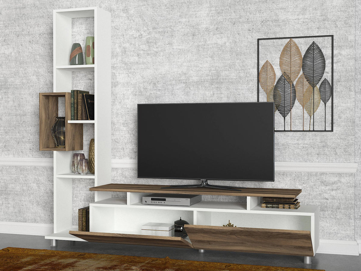 TV Furniture - TV Furniture Set Tulip White Walnut Melamine 160x166.7x29.5 cm - Dimehouse
