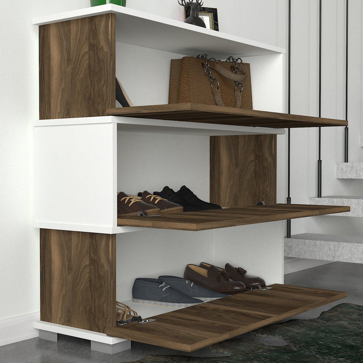 Shoe cabinets - Shoe cabinet Napolyon White Walnut Melamine 90x93x30 cm - Dimehouse