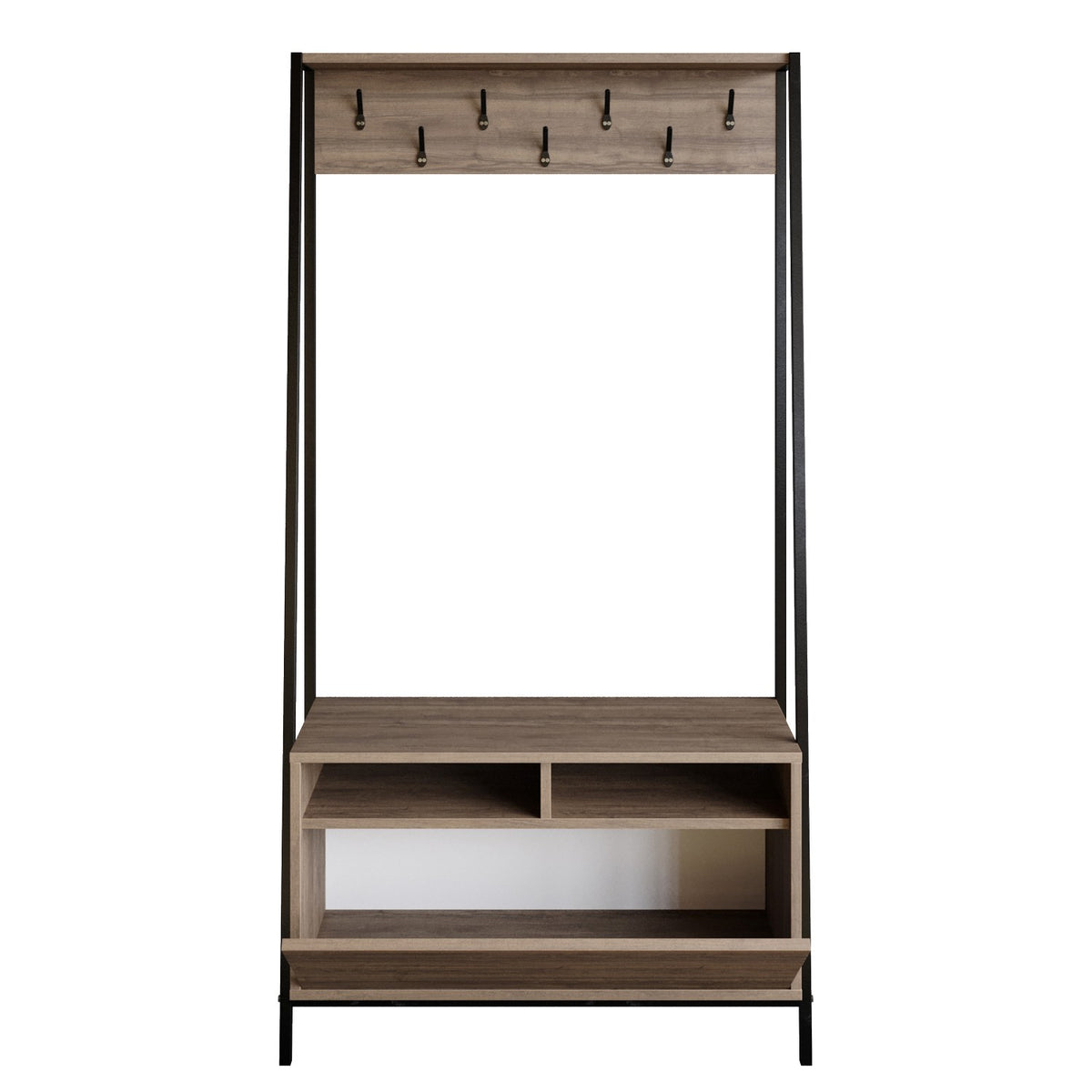 Coat Racks - Wardrobe Furniture Coat Rack Walnut Melamine Devon - With Compartments and Drawer - Dimehouse