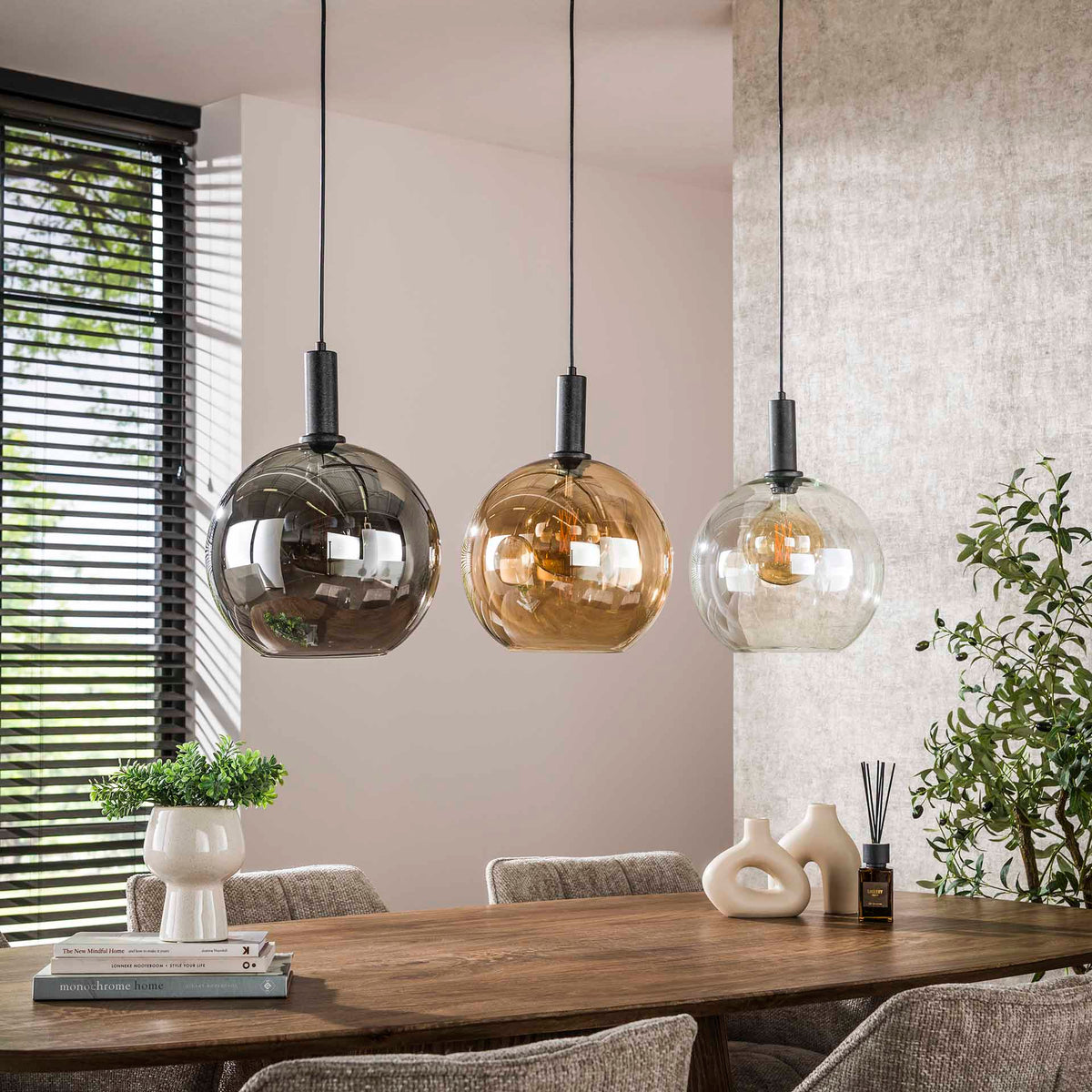 Hanging lamps - Hanging lamp 3 - light colored glass black metal Valeo 115 cm - Dimehouse