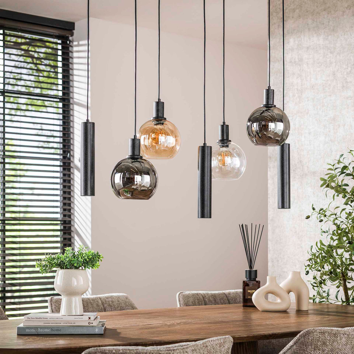 Hanging lamps - Hanging lamp 7 - light colored glass black metal Valeo 110 cm - Dimehouse