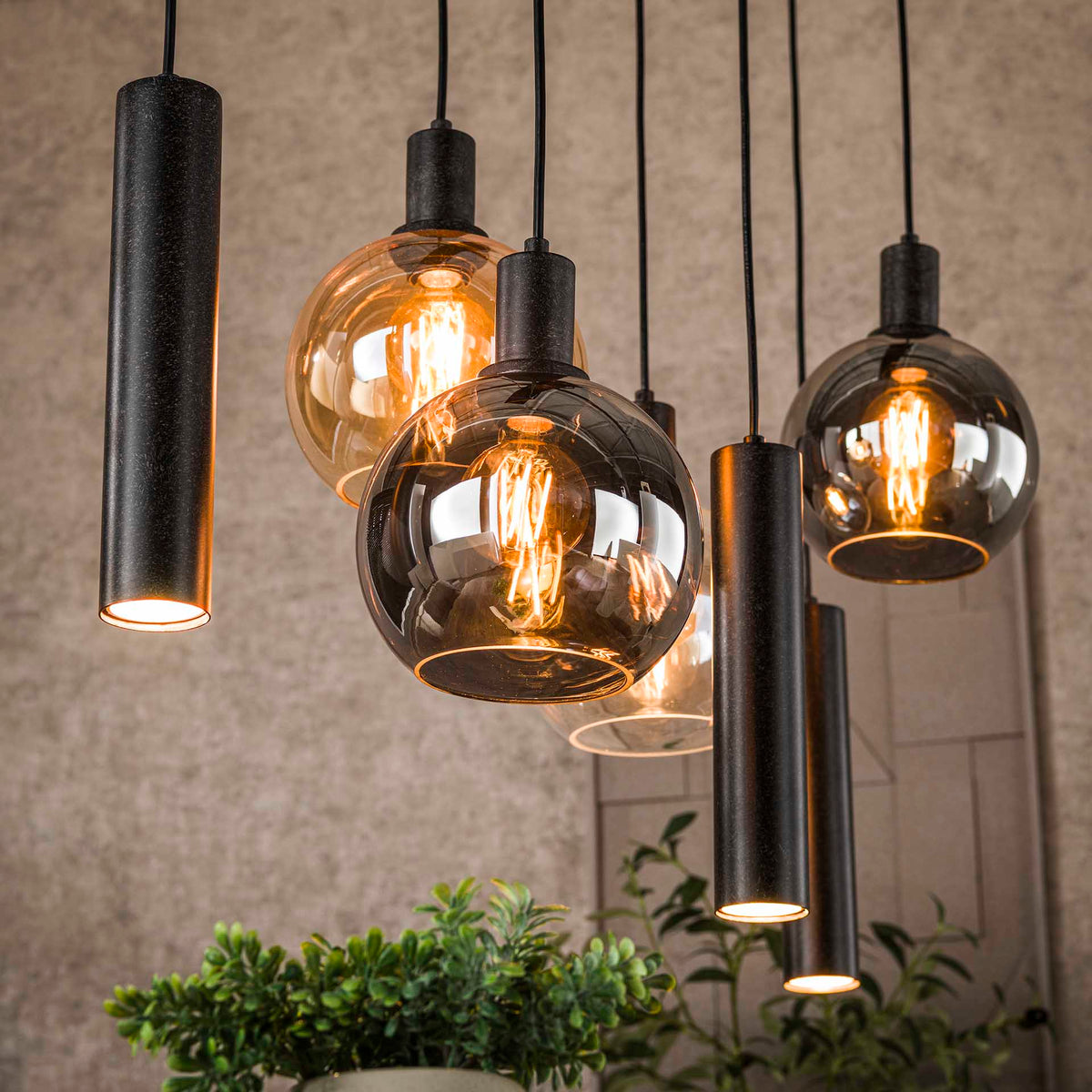 Hanging lamps - Hanging lamp 7 - light colored glass black metal Valeo 110 cm - Dimehouse