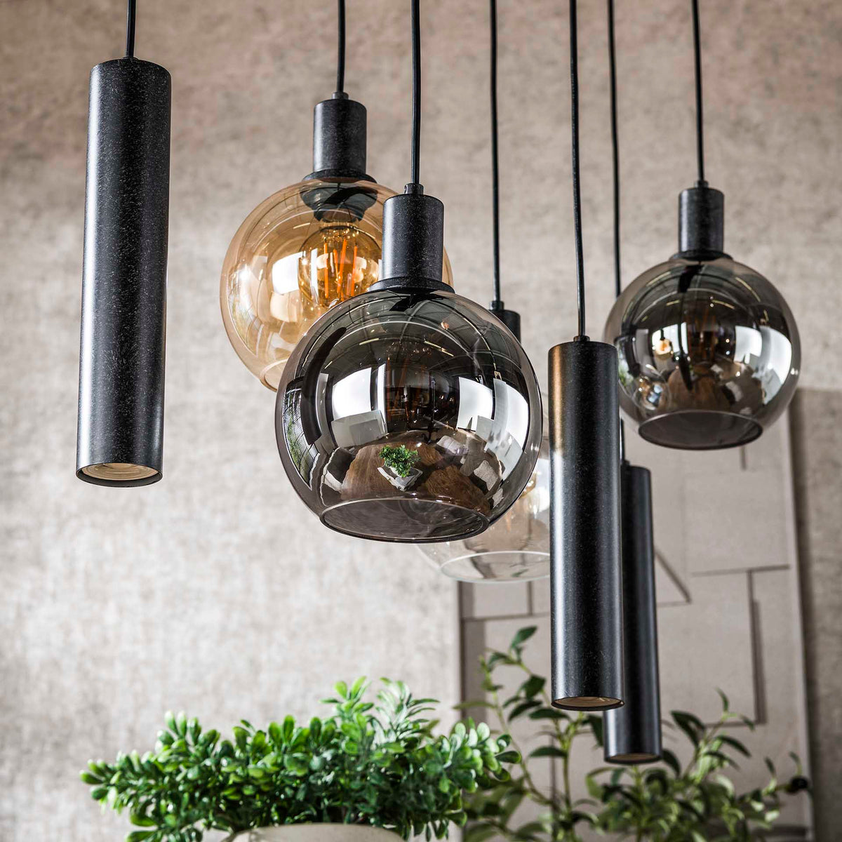 Hanging lamps - Hanging lamp 7 - light colored glass black metal Valeo 110 cm - Dimehouse