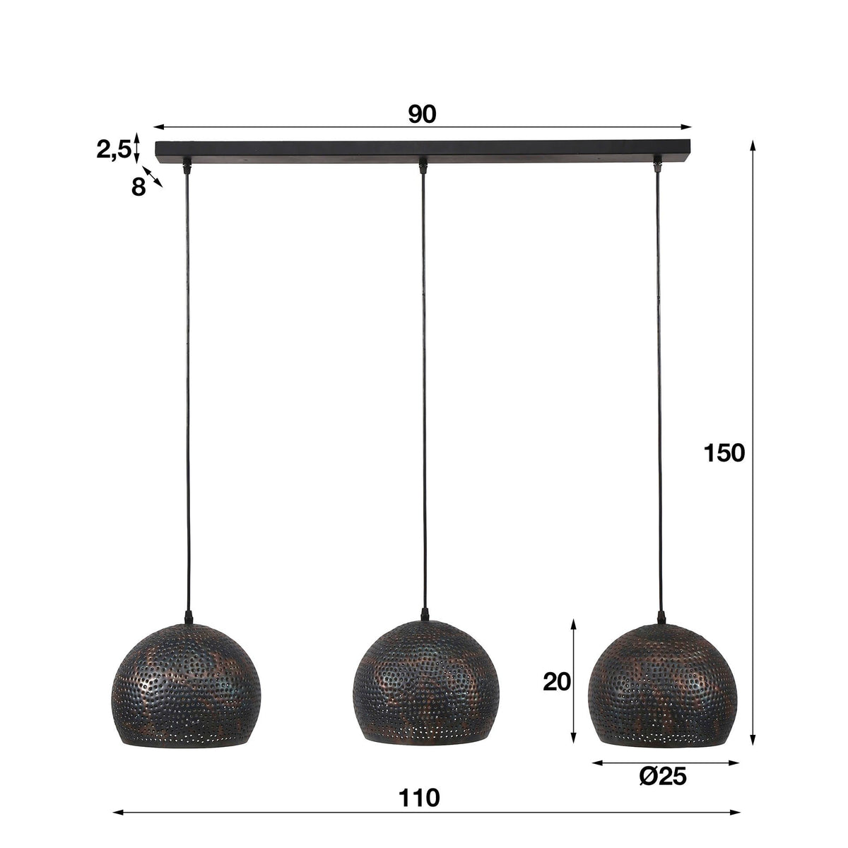 Hanging lamp Aya 3 Sphere DH Interior Brown LxWxH 87x33x27 Black brown White photo size indication