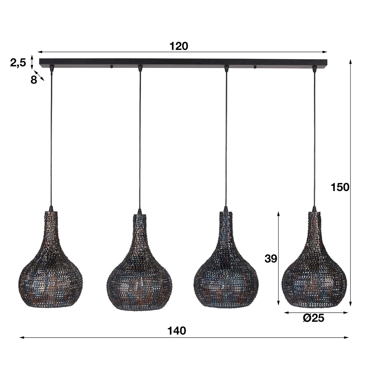 Hanging lamp Armoor DH Interior Brown LxWxH 122x46x28 Black brown White photo size indication