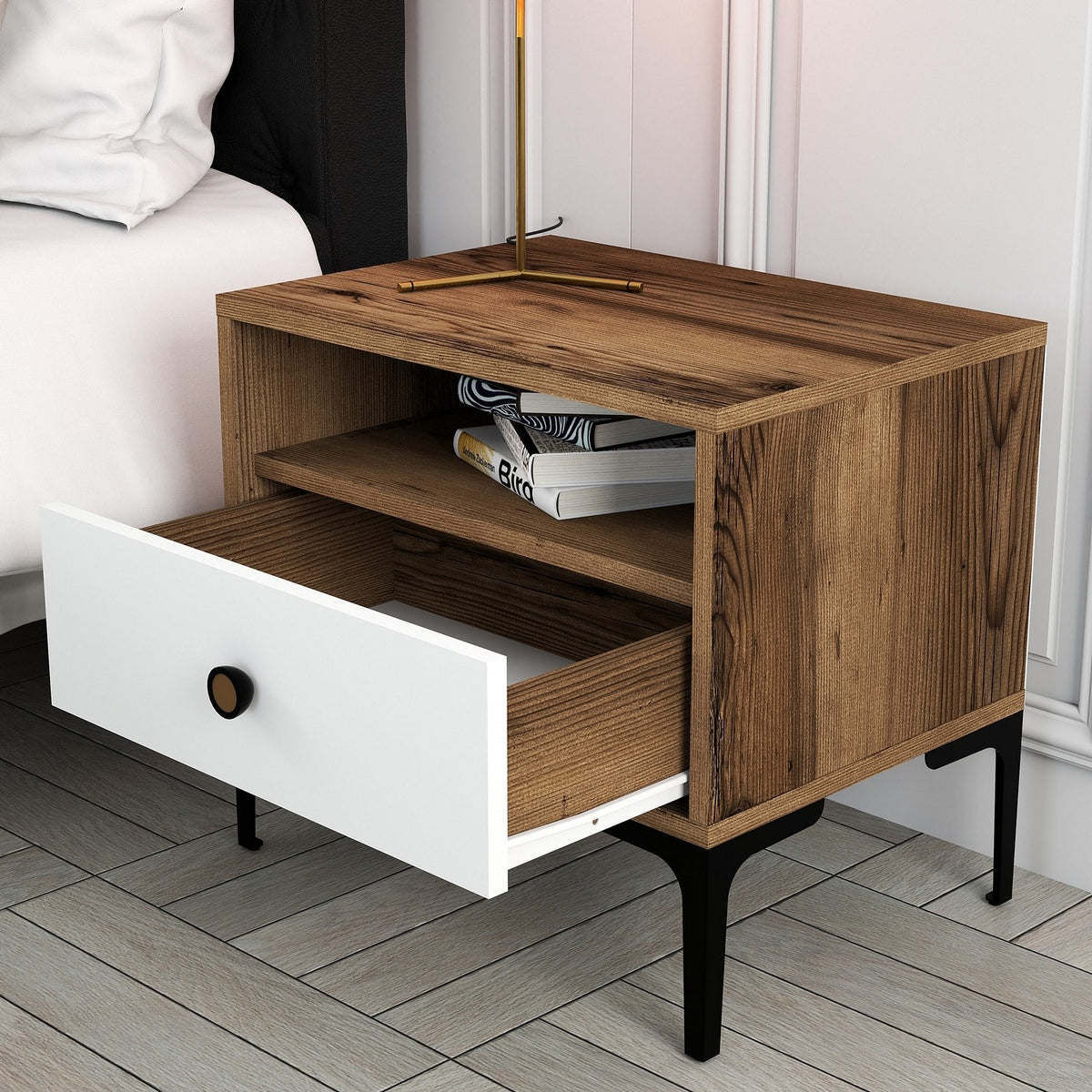 Bedside tables - Bedside table Lizbon Walnut White Melamine 56x50.8x40 cm - Dimehouse