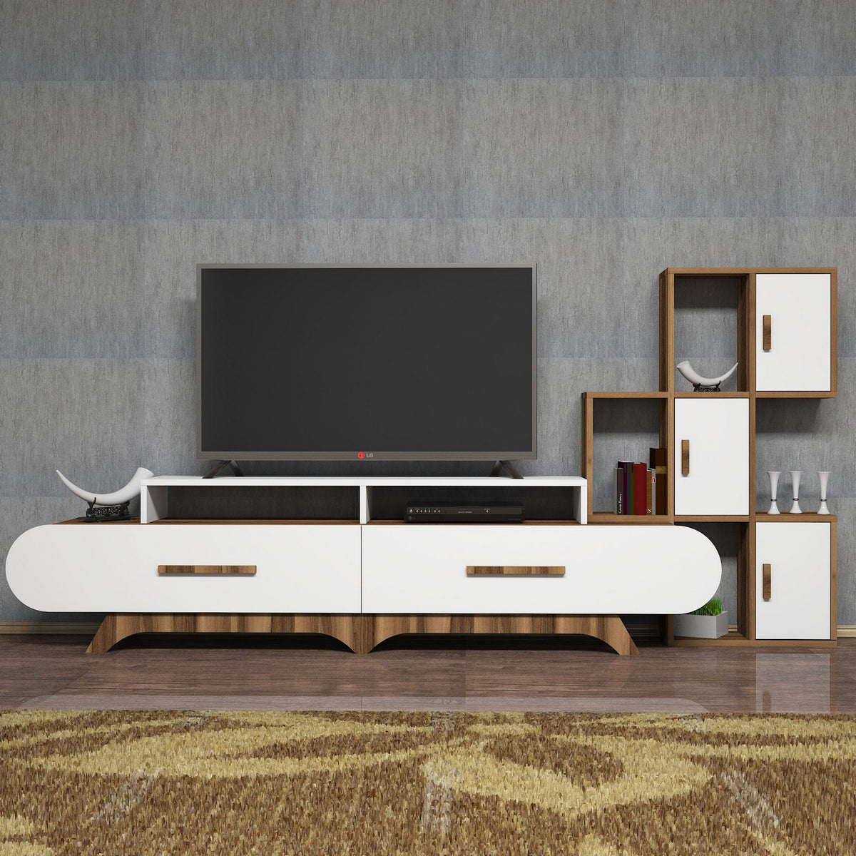 TV Furniture - TV Furniture Set Flora S Walnut White Melamine 205x50x36.8 cm - Dimehouse