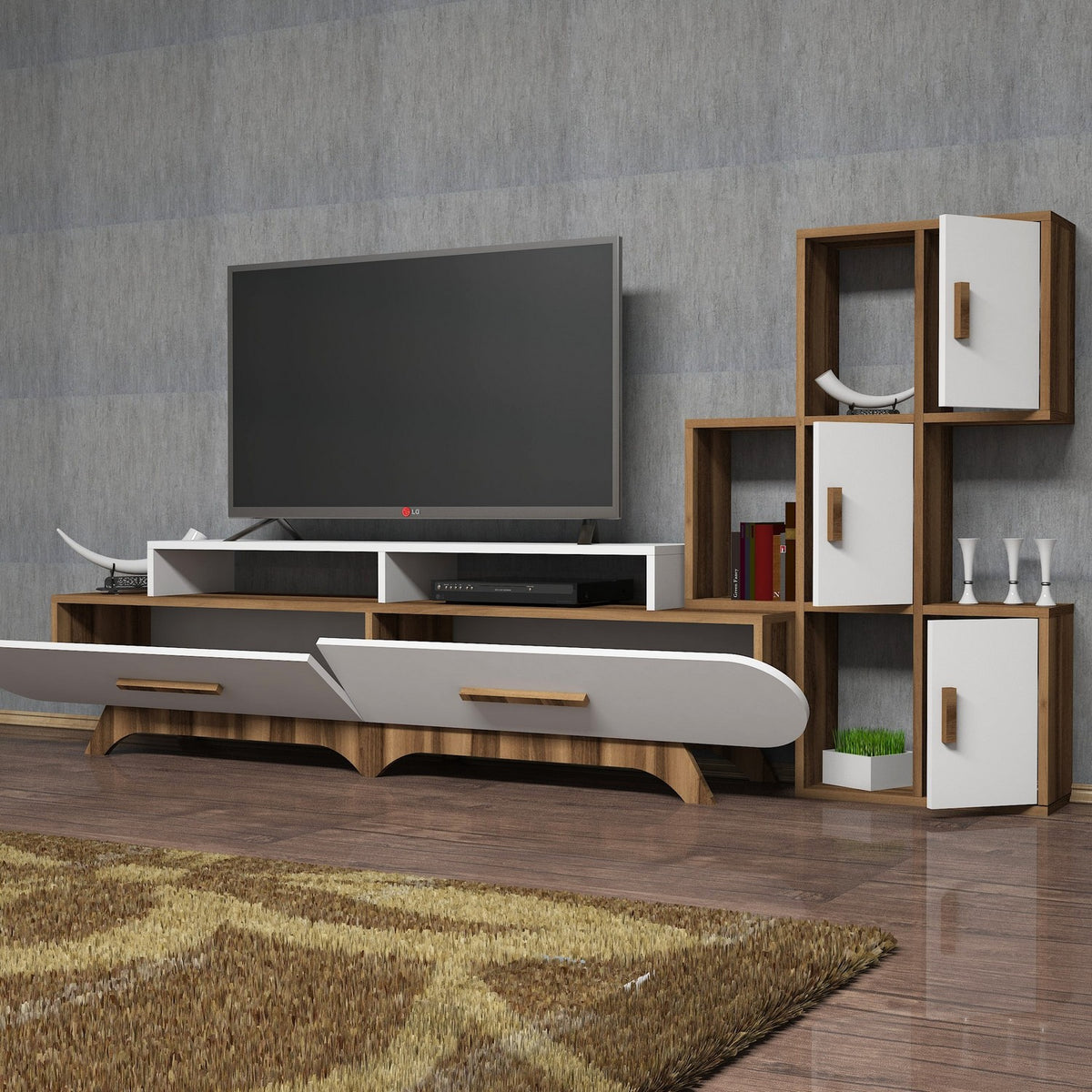 TV Furniture - TV Furniture Set Flora S Walnut White Melamine 205x50x36.8 cm - Dimehouse