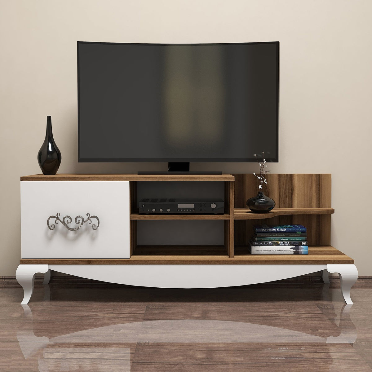 TV Furniture - TV Furniture Sultan Walnut White Melamine 130x50.6x45 cm - Dimehouse