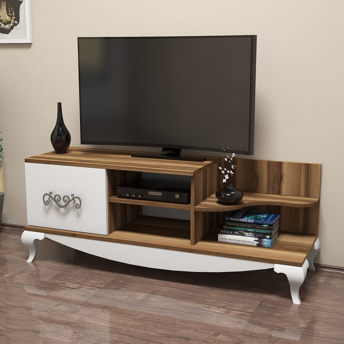 TV Furniture - TV Furniture Sultan Walnut White Melamine 130x50.6x45 cm - Dimehouse